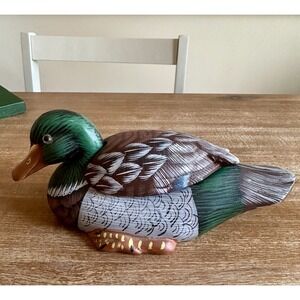 Vintage Porcelain Mallard Duck Trinket Lidded Vibrant Glass Eye Hand Painted